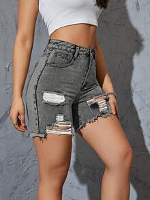 Quần short denim nữ Dây kéo Hem thô Bị tách màu trơn - Màu Xám nhạt - Xem 3