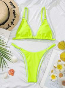 Slaydiva Summer Beach Ruched Ring Linked Neon Bikini Set Bathing Suit - Lime Green - View 3