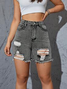 Quần short denim nữ Dây kéo Hem thô Bị tách màu trơn - Màu Xám nhạt - Xem 4