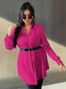 SHEIN LUNE 大碼燈籠袖不附腰帶襯衫 - 玫紅色 - 查看 4