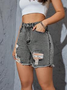 Quần short denim nữ Dây kéo Hem thô Bị tách màu trơn - Màu Xám nhạt - Xem 5
