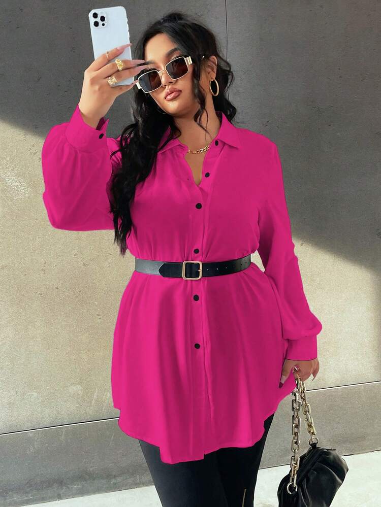 SHEIN LUNE 大碼燈籠袖不附腰帶襯衫 - 玫紅色 - 查看 5