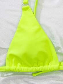Slaydiva Summer Beach Ruched Ring Linked Neon Bikini Set Bathing Suit - Lime Green - View 6