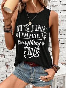 SHEIN LUNE 标语图案背心 IT'S FINE I'M FINE Everything Is Fine - 黑色 - 查看 4