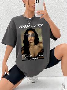 SHEIN EZwear Camiseta holgada de mujer con hombros caídos con estampado de retrato sexy de estilo europeo y americano para el verano - Gris Oscuro - Ver 5
