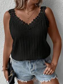 SHEIN LUNE Plus Guipure Lace Panel Tank Top - Black - View 1