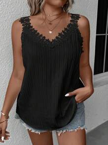 SHEIN LUNE Plus Guipure Lace Panel Tank Top - Black - View 6