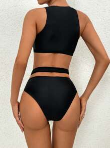 Swim Basics Summer Beach Contrast Mesh Crisscross Bikini Set - Black - View 2