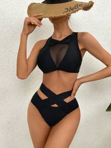 Swim Basics Summer Beach Contrast Mesh Crisscross Bikini Set - Black - View 4