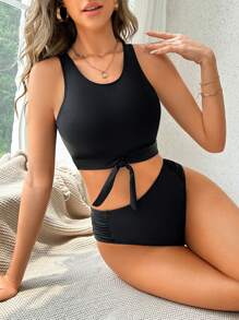 SHEIN 前打結高腰比基尼泳裝 - 黑色 - 查看 1