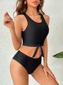 SHEIN 前打結高腰比基尼泳裝 - 黑色 - 查看 5