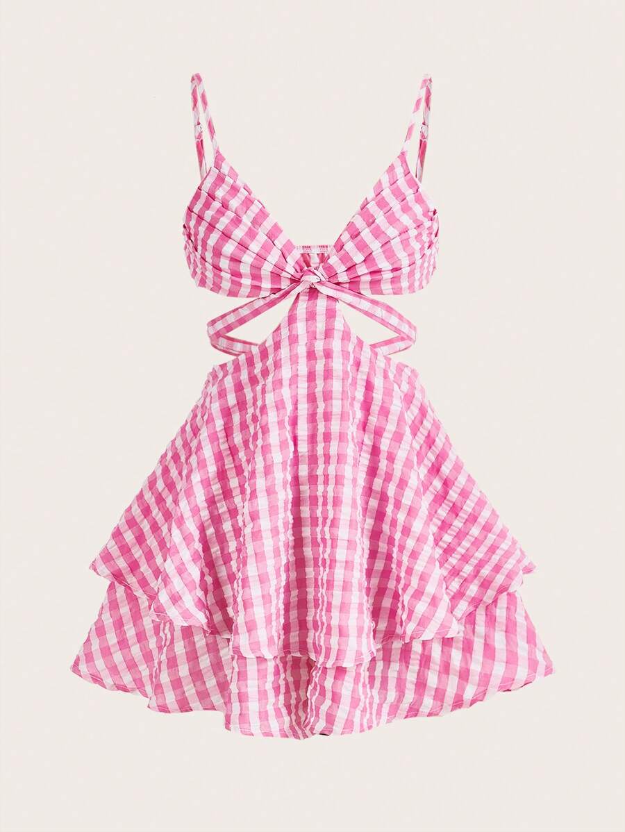 Soleia Gingham Print Cut Out Waist Cami Romper - Multicolor - View 1