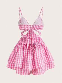 Soleia Gingham Print Cut Out Waist Cami Romper - Multicolor - View 2
