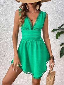SHEIN VCAY Đầm Tương phản ren Xù màu trơn Gợi cảm - màu xanh lá - Xem 4