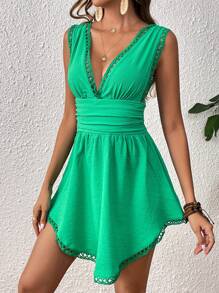 SHEIN VCAY Đầm Tương phản ren Xù màu trơn Gợi cảm - màu xanh lá - Xem 5