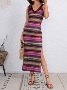 SHEIN VCAY Chevron Print Split Thigh Contrast Lace Trim Dress