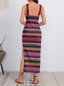 SHEIN VCAY Chevron Print Split Thigh Contrast Lace Trim Dress