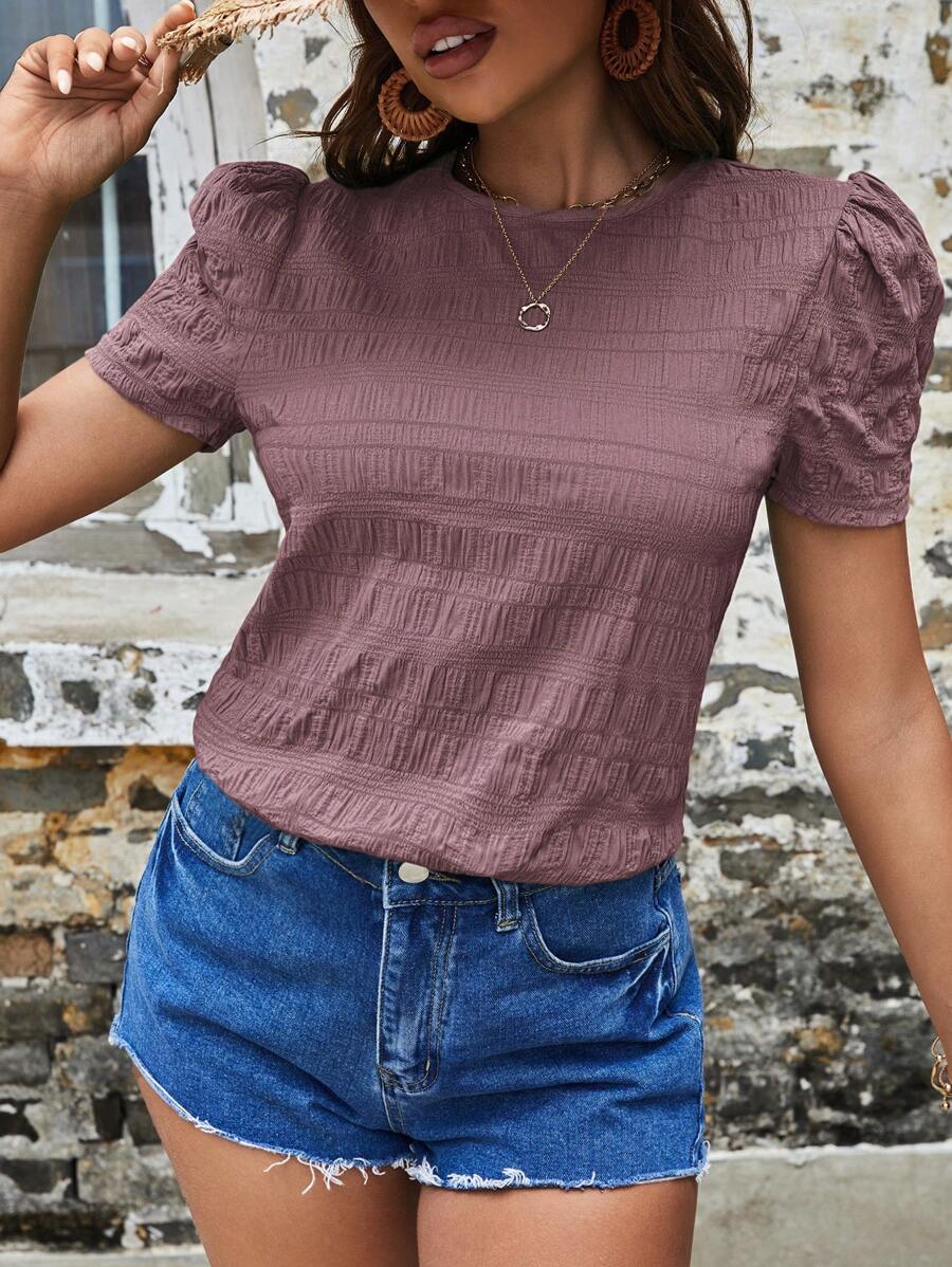 SHEIN VCAY Blusa unicolor de manga farol - Púrpura polvoriento - Ver 1