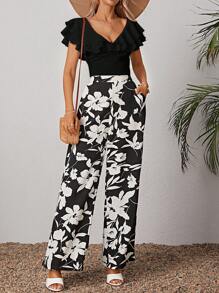 SHEIN VCAY Bộ đồ hai mảnh nữ Túi Xù Hoa Boho - màu đen - Xem 1