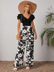 SHEIN VCAY Bộ đồ hai mảnh nữ Túi Xù Hoa Boho - màu đen - Xem 4
