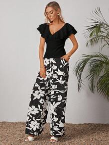 SHEIN VCAY Bộ đồ hai mảnh nữ Túi Xù Hoa Boho - màu đen - Xem 6