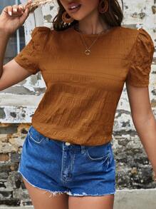 SHEIN VCAY 纯色泡泡袖衬衫、短袖上衣