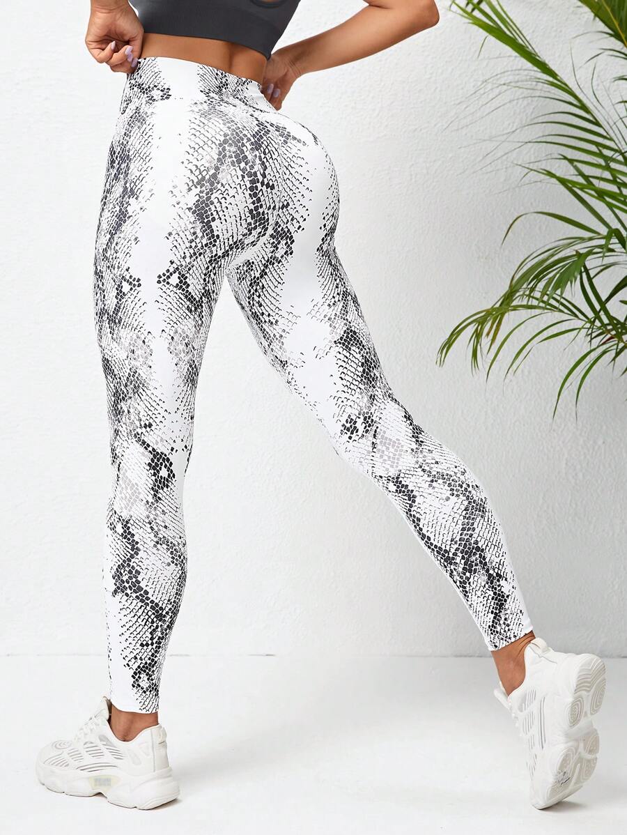 Yoga Sxy 蛇紋寬腰帶運動打底褲 - 黑與白 - 查看 1
