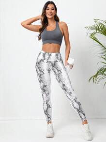 Yoga Sxy 蛇紋寬腰帶運動打底褲 - 黑與白 - 查看 5