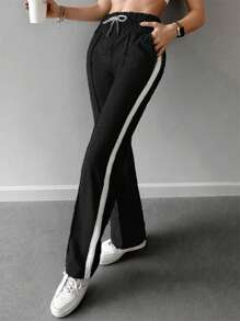 RueChic Contrast Tape Drawstring Waist Joggers - Black - View 1