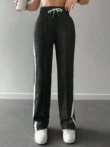 RueChic Contrast Tape Drawstring Waist Joggers - Black - View 4