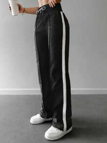 RueChic Contrast Tape Drawstring Waist Joggers - Black - View 5