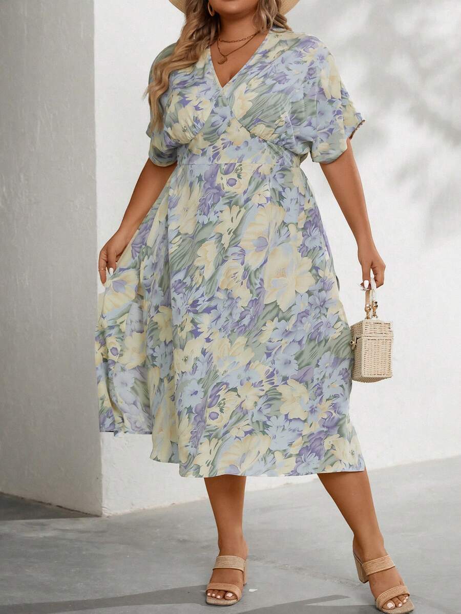 SHEIN LUNE Hơn In Toàn bộ tay cánh Đầm - Màu be - Xem 1