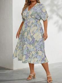 SHEIN LUNE Hơn In Toàn bộ tay cánh Đầm - Màu be - Xem 3