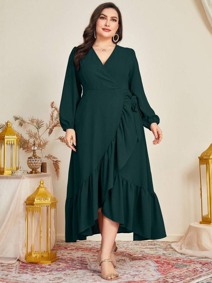 Mulvari Plus Lantern Sleeve Ruffle Trim Wrap Knot Side Dress - Dark Green - View 1