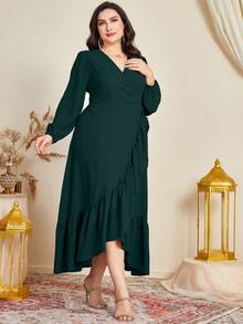 Mulvari Plus Lantern Sleeve Ruffle Trim Wrap Knot Side Dress - Dark Green - View 3