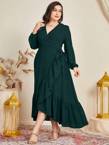 Mulvari Plus Lantern Sleeve Ruffle Trim Wrap Knot Side Dress - Dark Green - View 4