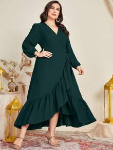 Mulvari Plus Lantern Sleeve Ruffle Trim Wrap Knot Side Dress - Dark Green - View 5