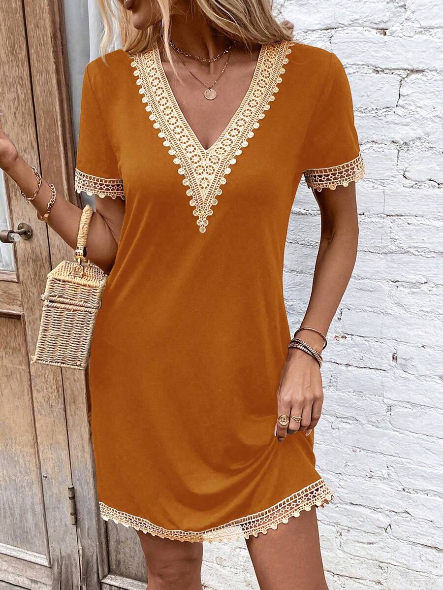 SHEIN Clasi Guipure Lace Panel Tee Dress - Camel - View 1