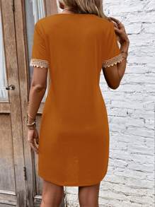 SHEIN Clasi Guipure Lace Panel Tee Dress - Camel - View 2