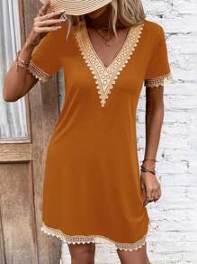 SHEIN Clasi Guipure Lace Panel Tee Dress - Camel - View 4