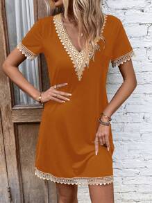SHEIN Clasi Guipure Lace Panel Tee Dress - Camel - View 5