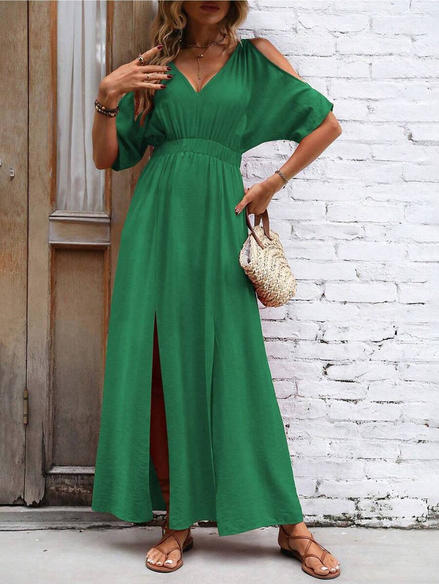 SHEIN Clasi Cold Shoulder Split Thigh Dress - Green - View 1