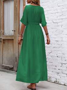 SHEIN Clasi Cold Shoulder Split Thigh Dress - Green - View 2