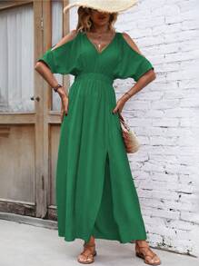 SHEIN Clasi Cold Shoulder Split Thigh Dress - Green - View 6