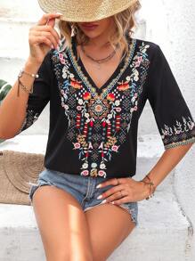 SHEIN LUNE 印花V領襯衫 - 黑色 - 查看 5