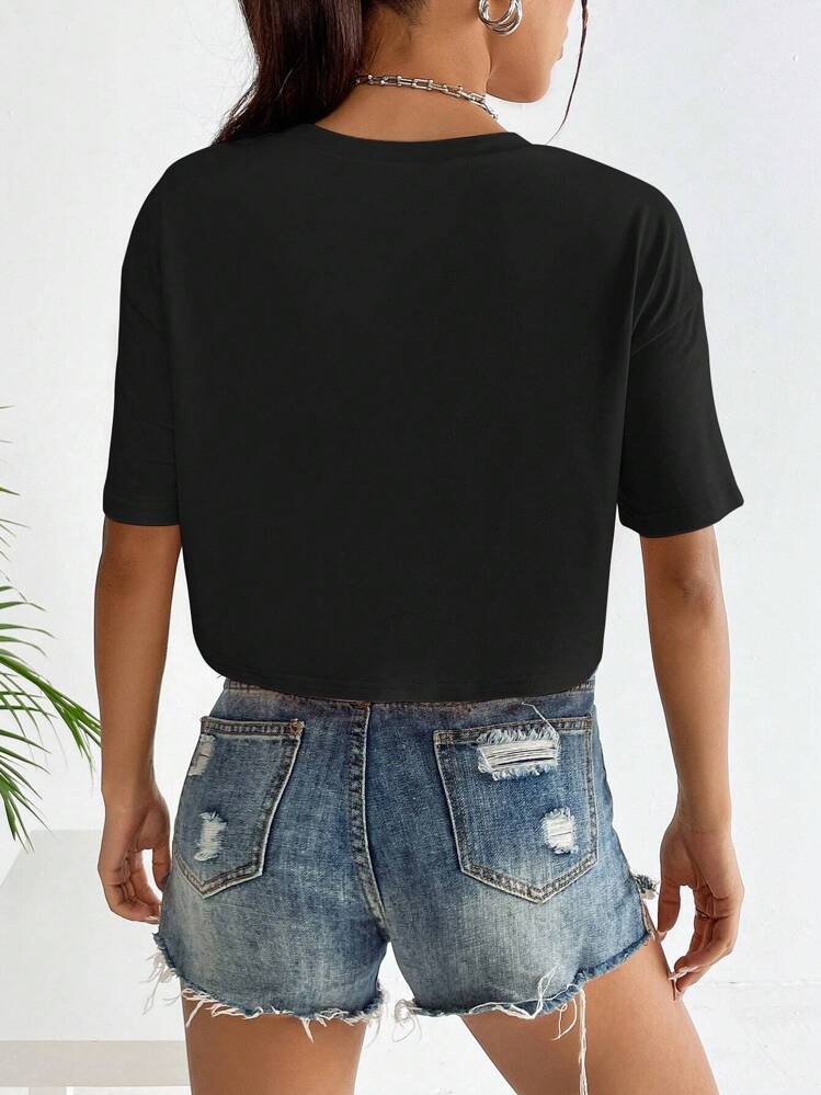 SHEIN Unity Đồ uống in hình áo crop top hở vai áo thun họa tiết áo thun nữ - màu đen - Xem 2