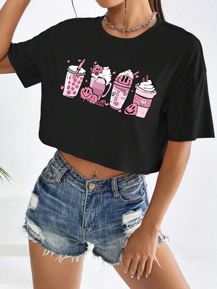 SHEIN Unity Đồ uống in hình áo crop top hở vai áo thun họa tiết áo thun nữ - màu đen - Xem 3