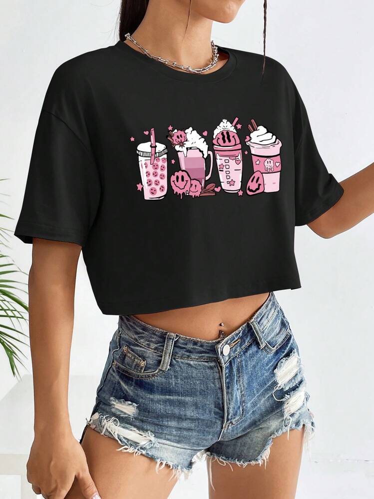 SHEIN Unity Đồ uống in hình áo crop top hở vai áo thun họa tiết áo thun nữ - màu đen - Xem 5