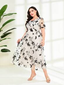 Modelyn 大碼印花網紗刺繡洋裝 - 杏色 - 查看 1