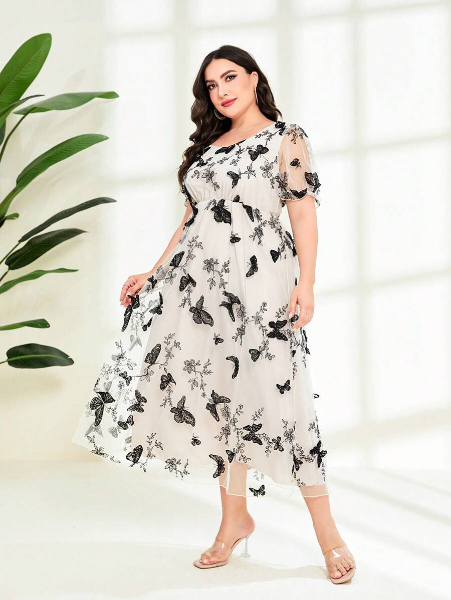 Modelyn 大碼印花網紗刺繡洋裝 - 杏色 - 查看 1